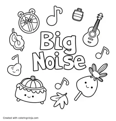 A coloring page of musical instruments and notes with the writing "Big Noise Raploch"
