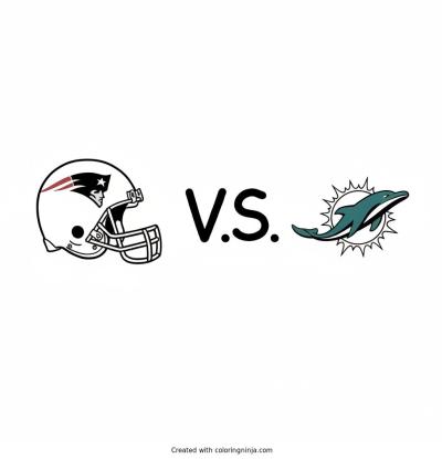 A coloring page of New England patriots logo then a v.s. Symbol then a Miami Dolphins logo BIG