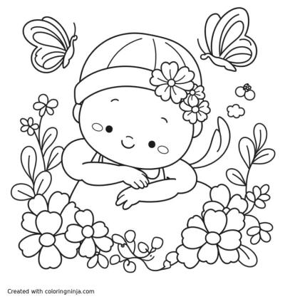 A coloring page of newborn babygirl with flowers and butterflys
