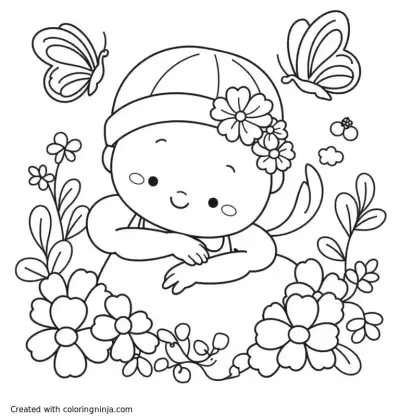 A coloring page of newborn babygirl with flowers and butterflys
