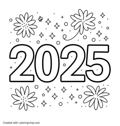A coloring page of number 2025 with fireworks