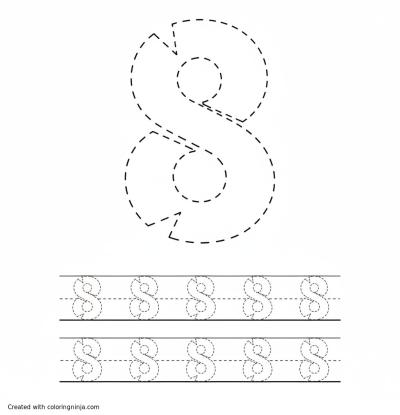 A coloring page of Number 8 with dashed outline for kids to trace. One large “8” and several lines with smaller “8” for kids to practice