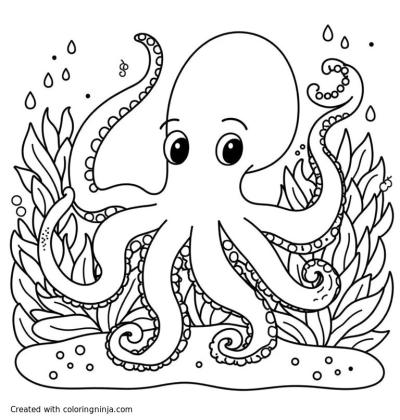 A coloring page of An octopus dancing with a squid in the Great Barrier reef
