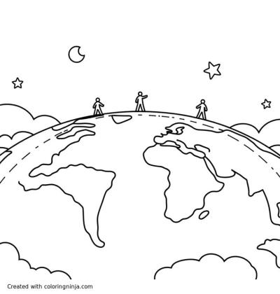 A coloring page of o	Image: A wide, panoramic view of the world with tiny figures walking across it. Sun and stars are visible.