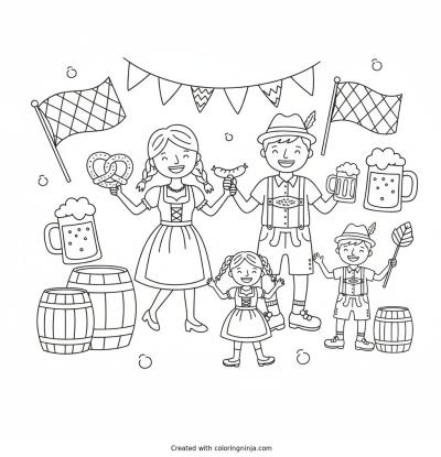 A coloring page of oktoberfest family party

