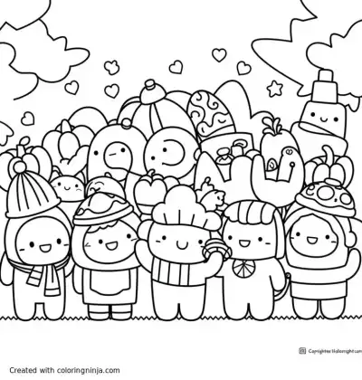 A coloring page of party of all characters of video game "among us"