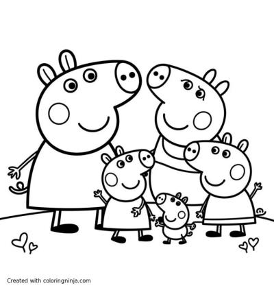 A coloring page of peppa pig and her family