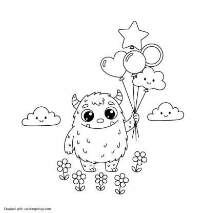 A coloring page of Cute Monster flying with balloons
