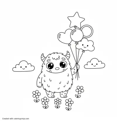 A coloring page of Cute Monster flying with balloons