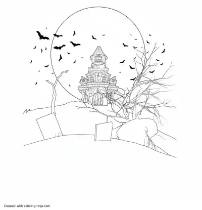 A coloring page of A spooky haunted house under the moon.