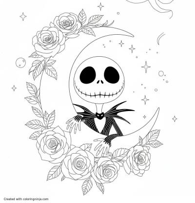 A coloring page of A spooky Halloween scene with a skeleton and a crescent moon.