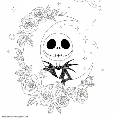 A coloring page of A spooky Halloween scene with a skeleton and a crescent moon.