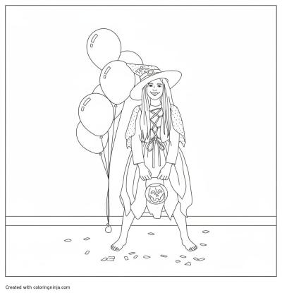 A coloring page of Halloween Costume Fun with Balloons