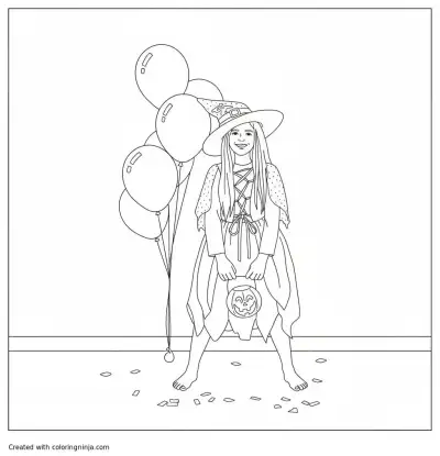 A coloring page of Halloween Costume Fun with Balloons