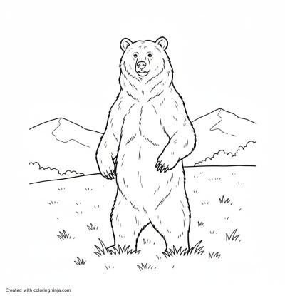 A coloring page of A brown bear standing in a field.