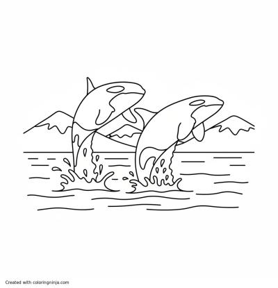 A coloring page of Two orcas jumping in the ocean