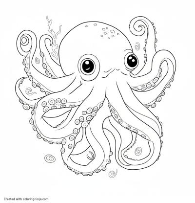 A coloring page of cartoon octopus with big eyes.