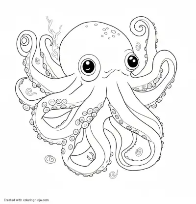A coloring page of cartoon octopus with big eyes.
