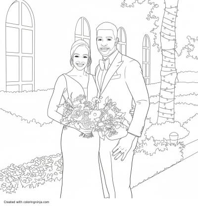 A coloring page of Wedding couple posing in front of flowers.