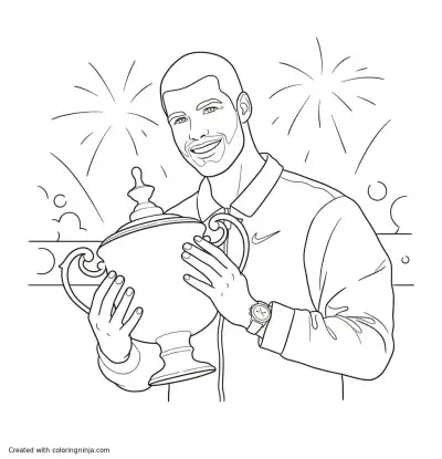 A coloring page of Carlos Alcaraz with US Open trophy coloring page