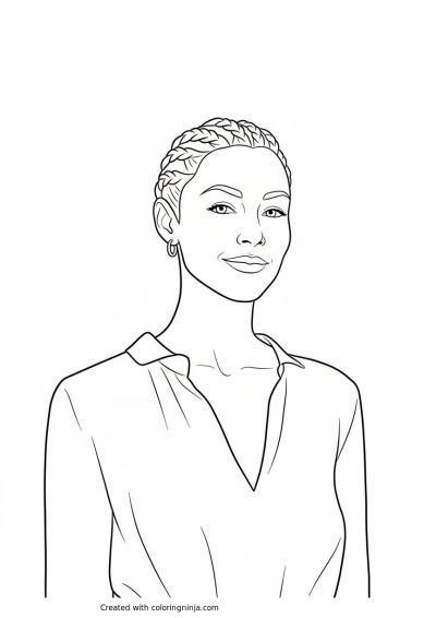 A coloring page of A woman in a green dress posing for a photo