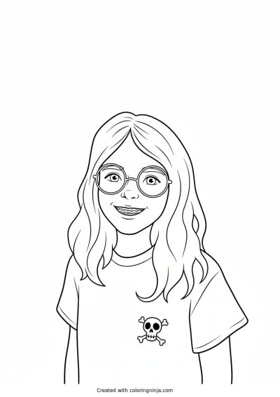 A coloring page of Little girl in pink shirt smiling