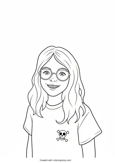 A coloring page of Little girl in pink shirt smiling