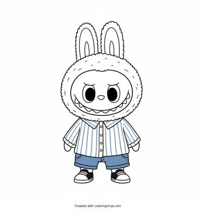 A coloring page of Labubu with Shirt and boots