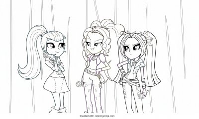 A coloring page of Coloring page of three cartoon girls with microphones