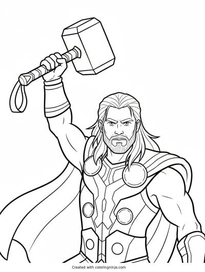 A coloring page of Thor with hammer and cape