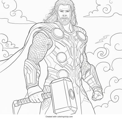 A coloring page of Thor with hammer and cape