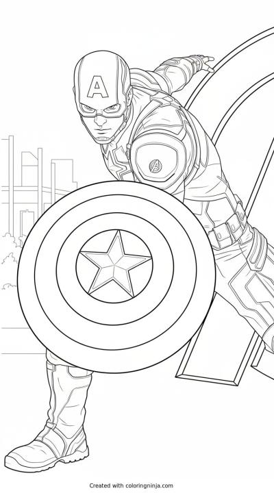 A coloring page of Captain America with shield