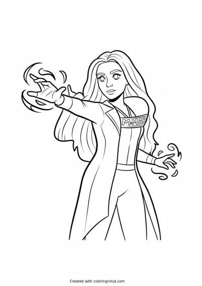 A coloring page of A woman in a red dress casting a spell
