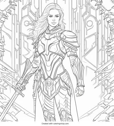 A coloring page of Golden armored woman in a futuristic setting