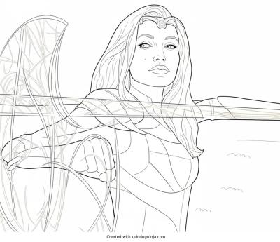 A coloring page of Golden bow and arrow with a woman