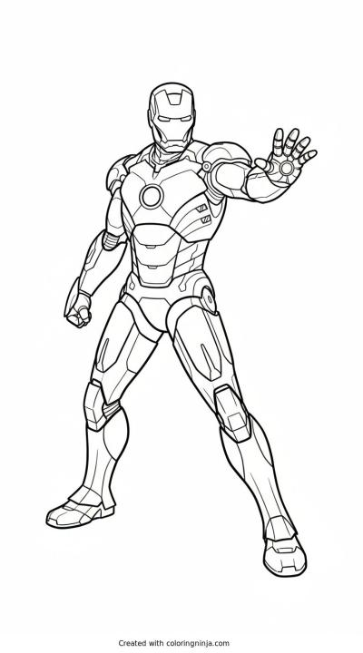 A coloring page of Iron Man with glowing eyes and hand
