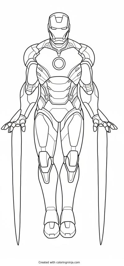 A coloring page of A man in a red and gold suit flies through the air