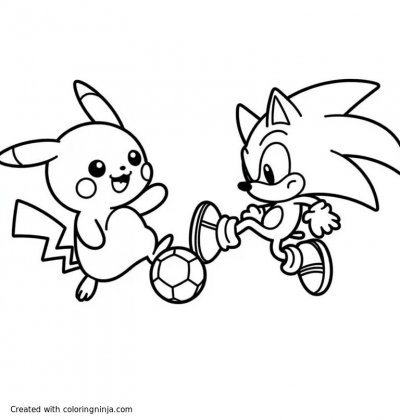A coloring page of Pikachu playing soccer against Sonic the Hedgehog