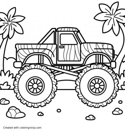 A coloring page of A playful monster truck with wild animal print patterns on its body. Choose tiger stripes on one side and zebra on the other for a fun look. The truck is parked in a jungle-themed background with a few palm trees and stones. Use bold patterns that are easy to color