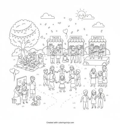 A coloring page of please create a 10 page coloring book for my multicultural, family centered event.