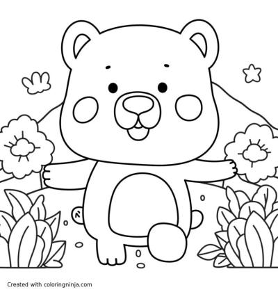 A coloring page of please make, a bear with nature background in cartoon style