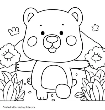 A coloring page of please make, a bear with nature background in cartoon style