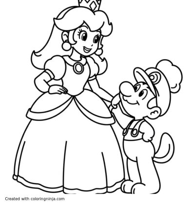 A coloring page of princess peach with Mario