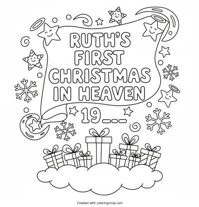 A coloring page of Ruth's First Christmas in Heaven 19?? Text Logo without any pictures of humans, without any pictures of animals, without any pictures of birds, and without any pictures of insects.