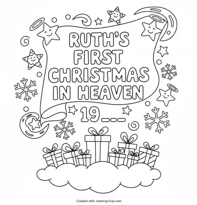 A coloring page of Ruth's First Christmas in Heaven 19?? Text Logo without any pictures of humans, without any pictures of animals, without any pictures of birds, and without any pictures of insects.