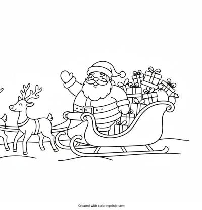 A coloring page of a santa claus in a sleigh full of presents
