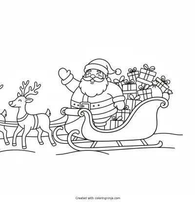 A coloring page of a santa claus in a sleigh full of presents
