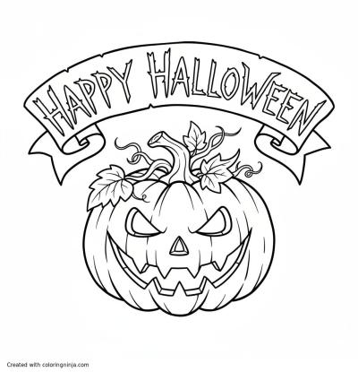 A coloring page of a scary pumpkin with "Happy Halloween" text on top using a scary style typography