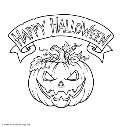 A coloring page of a scary pumpkin with "Happy Halloween" text on top using a scary style typography