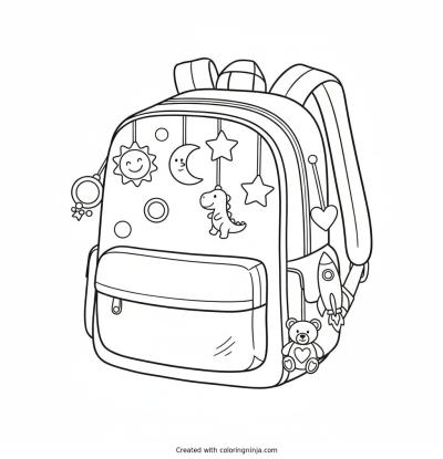 A coloring page of school backpack with hanging figures and ornaments